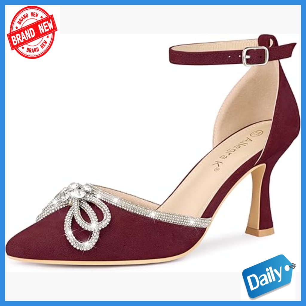 Rhinestone Bow Ankle Strap Stiletto Heel Pumps Size 7